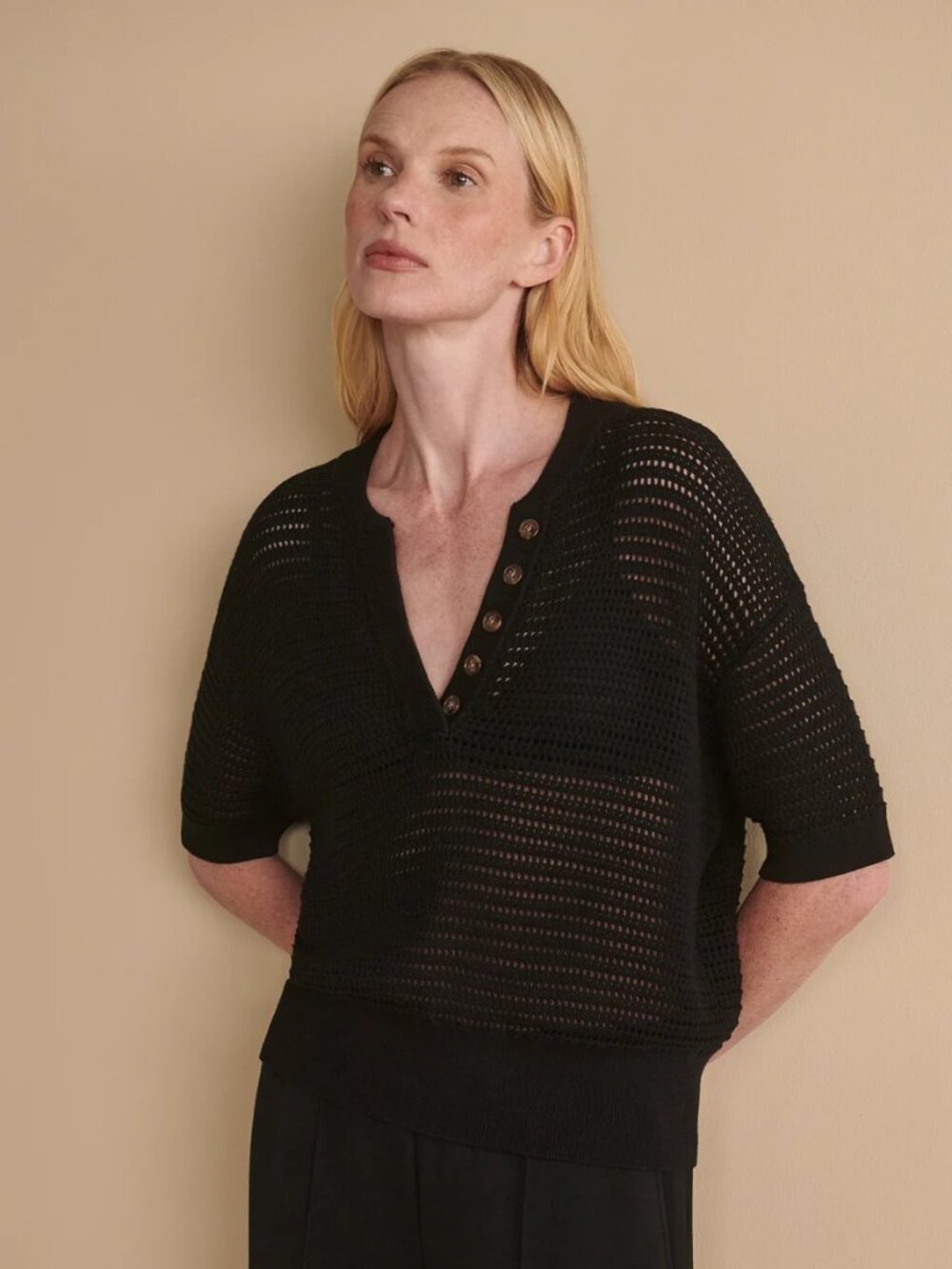 Varley Callie Knit Top Black Open Knit V Neck Button Sweater Size M
